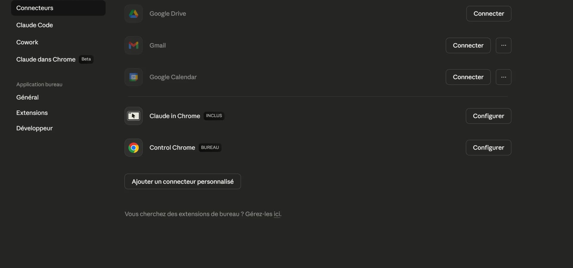 Panneau des connecteurs Claude Desktop montrant Claude in Chrome et Control Chrome activés