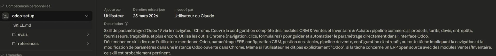 Skill de paramétrage Odoo installé dans Claude Desktop avec sa description